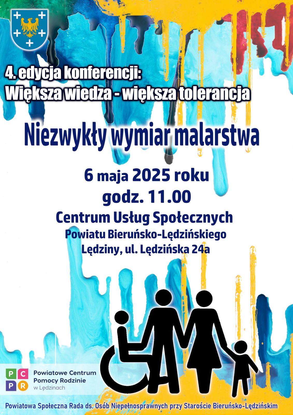 Grafika. Z góry i z dołu zacieki kolorowych farb. W lewym górnym rogu herb powiatu. Pod nim tekst 